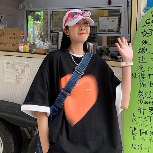 Heart Print Cotton Plus Fertilizer Oversized Short Sleeve T-Shirt